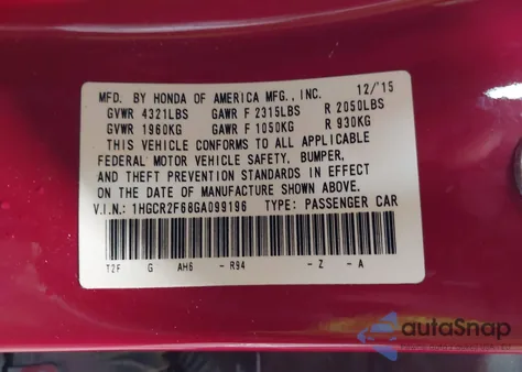 2016 Honda Accord Sport из США, поврежденный, VIN 1HGCR2F68GA099196